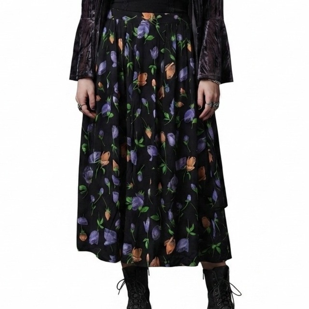 vtg 90s midi Skirt Floral Pockets Black 18 whimsigoth fairy grunge feminine